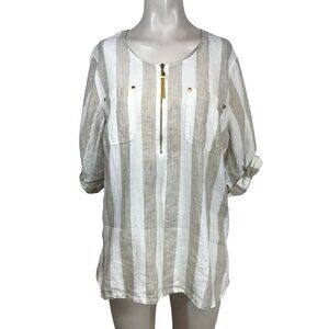 ELLEN TRACY - WOMEN'S LARGE - TAN/CREAM STRIPE SHORT SLEEVE 1/4 ZIP LINEN TOP